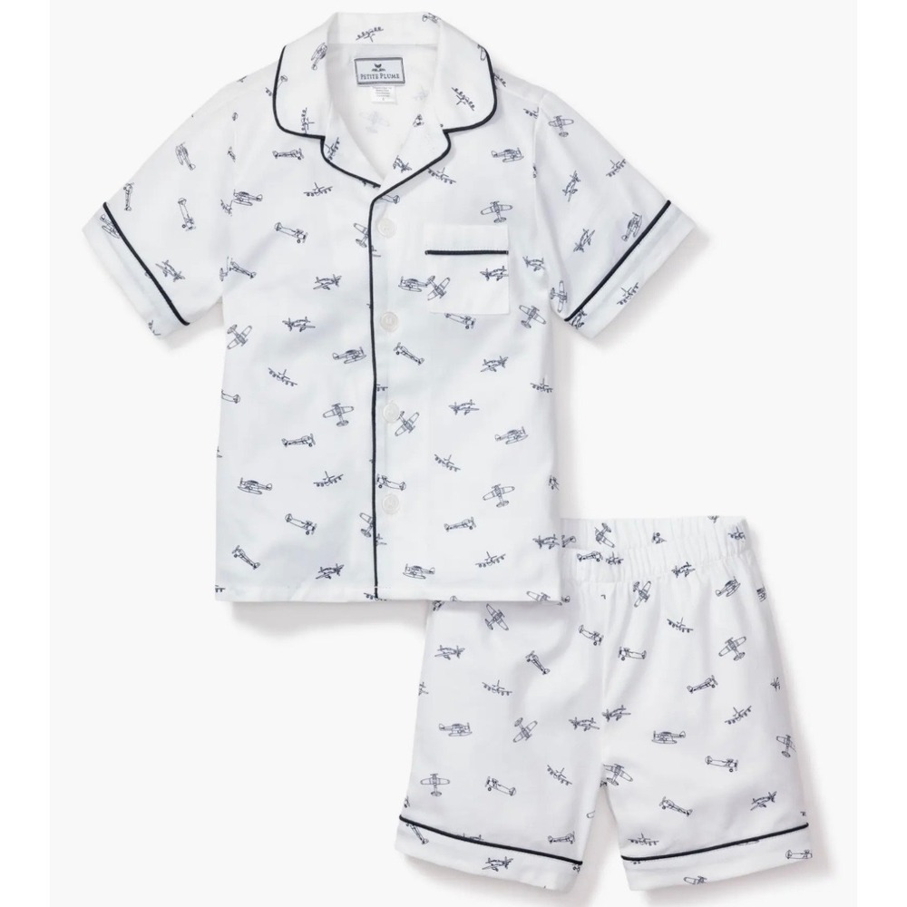Petite Plume Boys Par Avion Short Pajama Set White Navy Airplane SSSPA108 Size 8